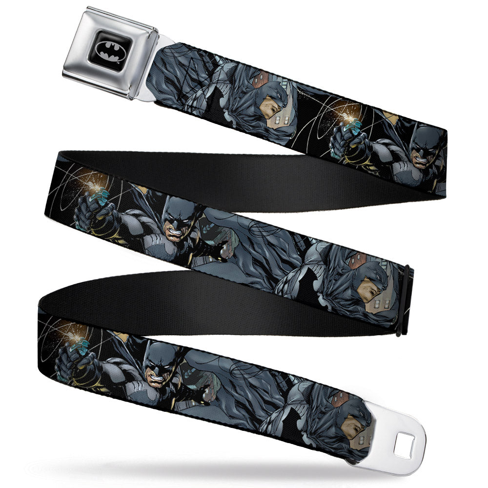 Batman Full Color Black Silver Black Seatbelt Belt - New 52 Batman Shooting/Jumping Poses Grays Webbing Seatbelt Belts DC Comics