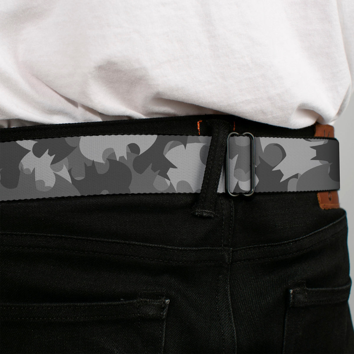 Batman Full Color Black Silver Black Seatbelt Belt - Bat Signal Stacked Black/Grays Webbing Seatbelt Belts DC Comics