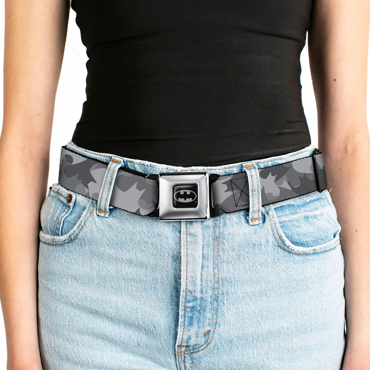 Batman Full Color Black Silver Black Seatbelt Belt - Bat Signal Stacked Black/Grays Webbing Seatbelt Belts DC Comics