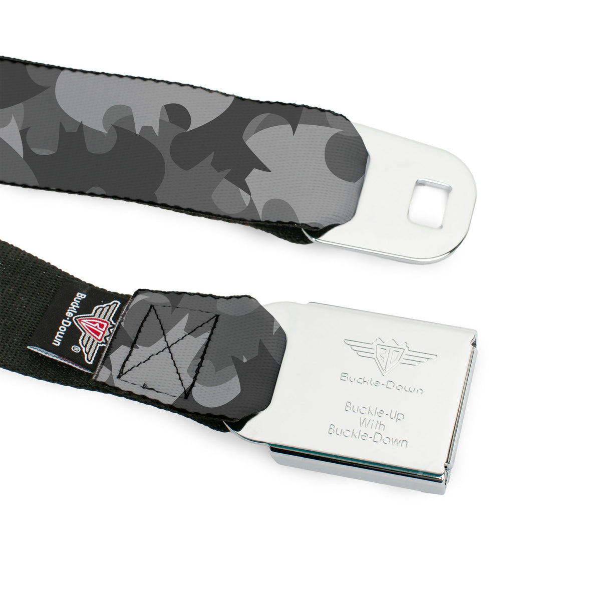 Batman Full Color Black Silver Black Seatbelt Belt - Bat Signal Stacked Black/Grays Webbing Seatbelt Belts DC Comics