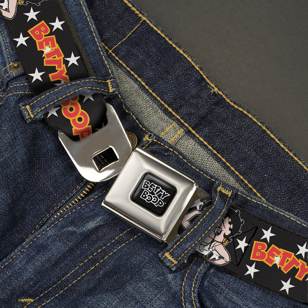BETTY BOOP Title Logo Full Color Black/White Seatbelt Belt - BETTY BOOP Salute Pose and Text Stars Black/White/Yellow/Red Webbing Seatbelt Belts Betty Boop