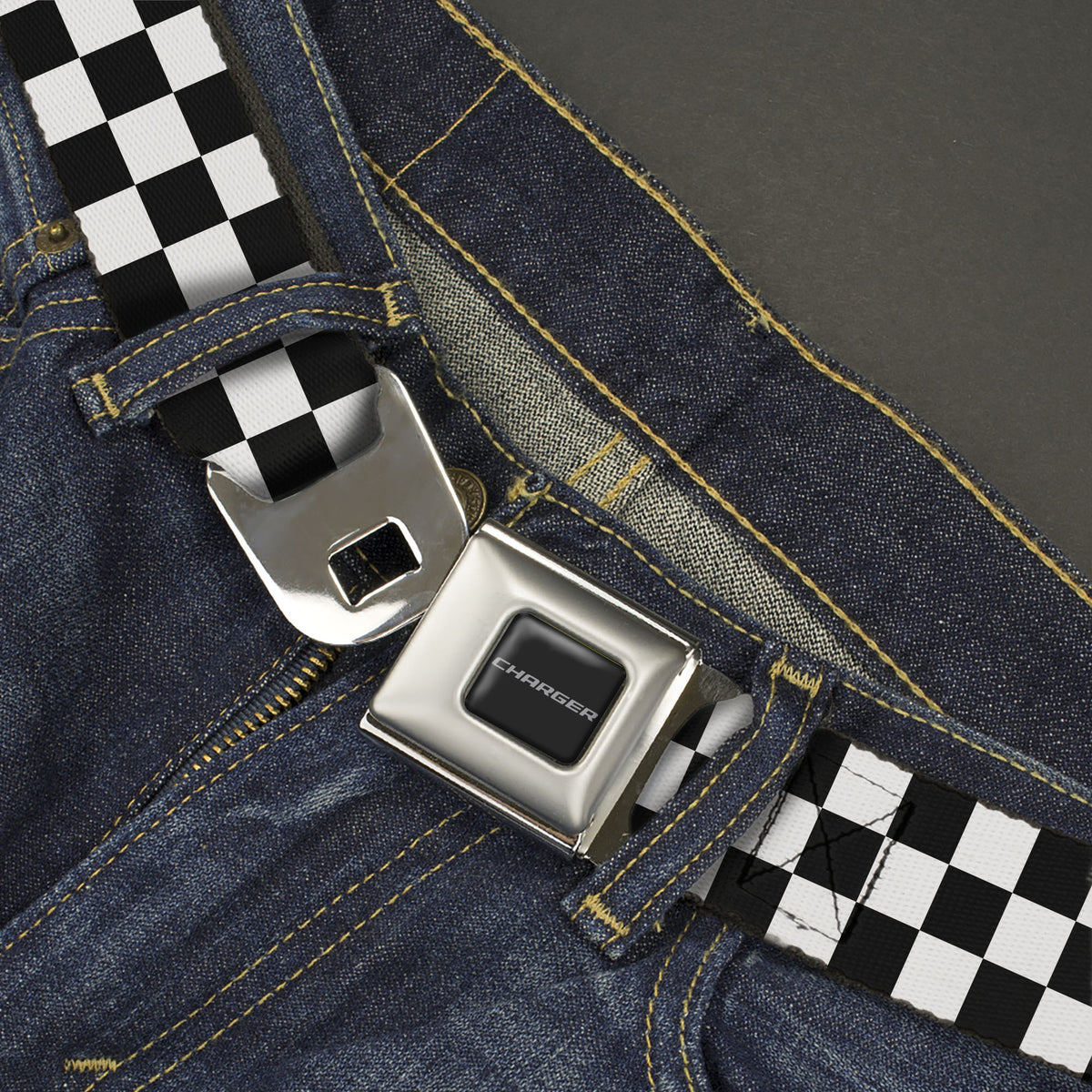 CHARGER Text Seatbelt Belt - Checker Black/White Webbing Seatbelt Belts Dodge