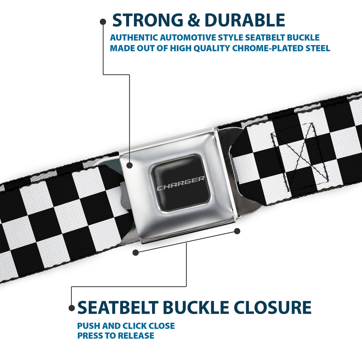 CHARGER Text Seatbelt Belt - Checker Black/White Webbing Seatbelt Belts Dodge