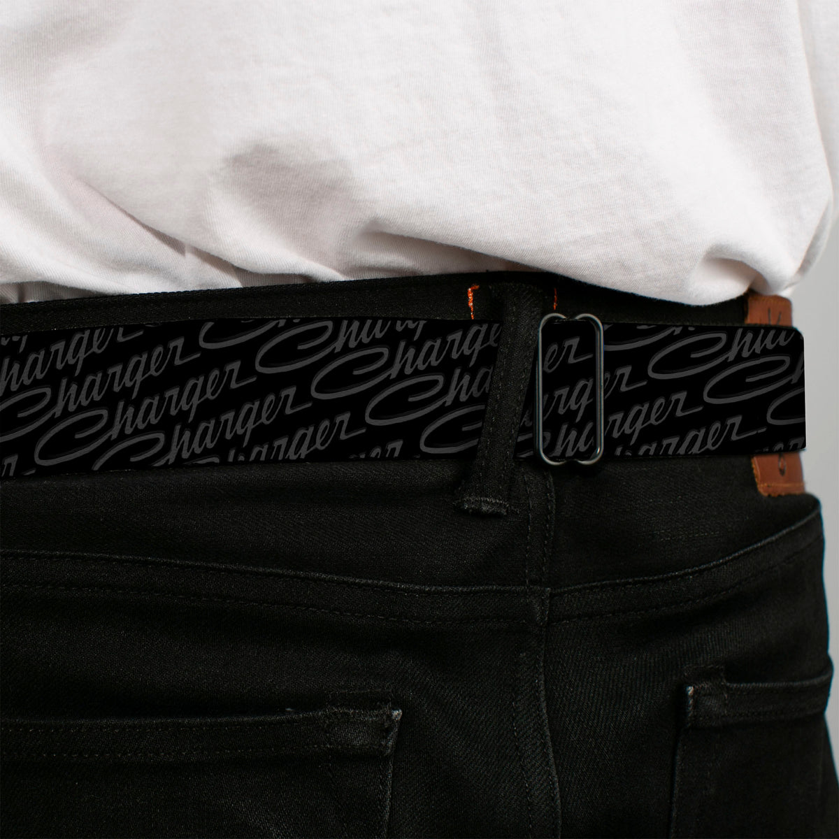 CHARGER Script Emblem Corner Full Color Black Silver Fade White Seatbelt Belt - CHARGER Script Emblem Repeat Black/Grays Webbing Seatbelt Belts Dodge