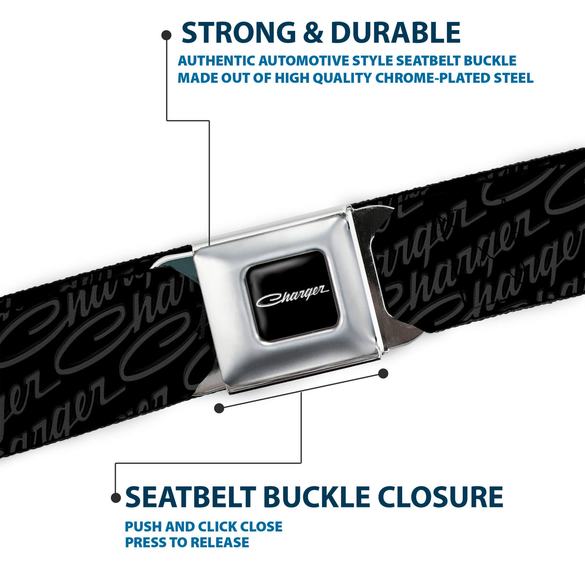 CHARGER Script Emblem Corner Full Color Black Silver Fade White Seatbelt Belt - CHARGER Script Emblem Repeat Black/Grays Webbing Seatbelt Belts Dodge