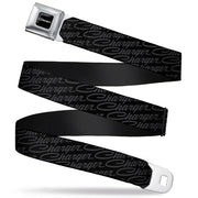 CHARGER Script Emblem Corner Full Color Black Silver Fade White Seatbelt Belt - CHARGER Script Emblem Repeat Black/Grays Webbing Seatbelt Belts Dodge