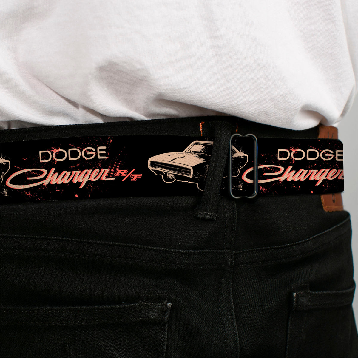 DODGE Text Full Color Black/Tan Seatbelt Belt - DODGE CHARGER R/T Profile Black/Beige/Red Webbing Seatbelt Belts Dodge