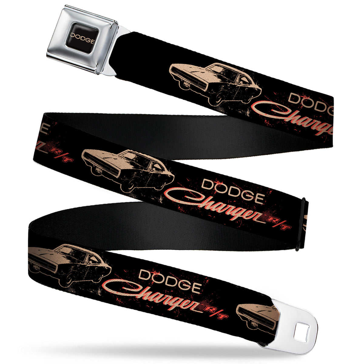 DODGE Text Full Color Black/Tan Seatbelt Belt - DODGE CHARGER R/T Profile Black/Beige/Red Webbing Seatbelt Belts Dodge