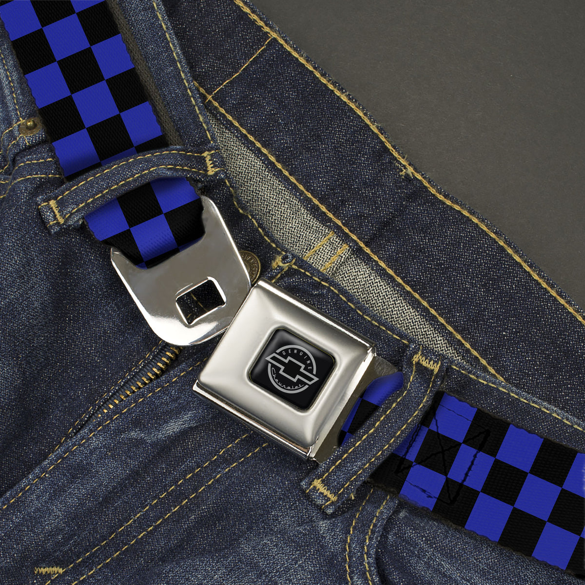 Chevy Seatbelt Belt - Checker Black/Neon Blue Webbing Seatbelt Belts GM General Motors
