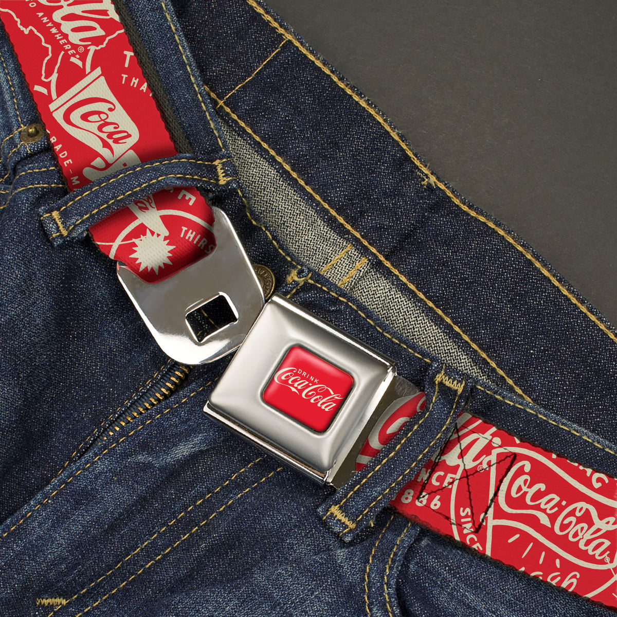 DRINK COCA-COLA Logo Full Color Red/White Seatbelt Belt - Vintage Coca-Cola Coke Icons and Ad Logos Red/White Webbing Seatbelt Belts Coca-Cola