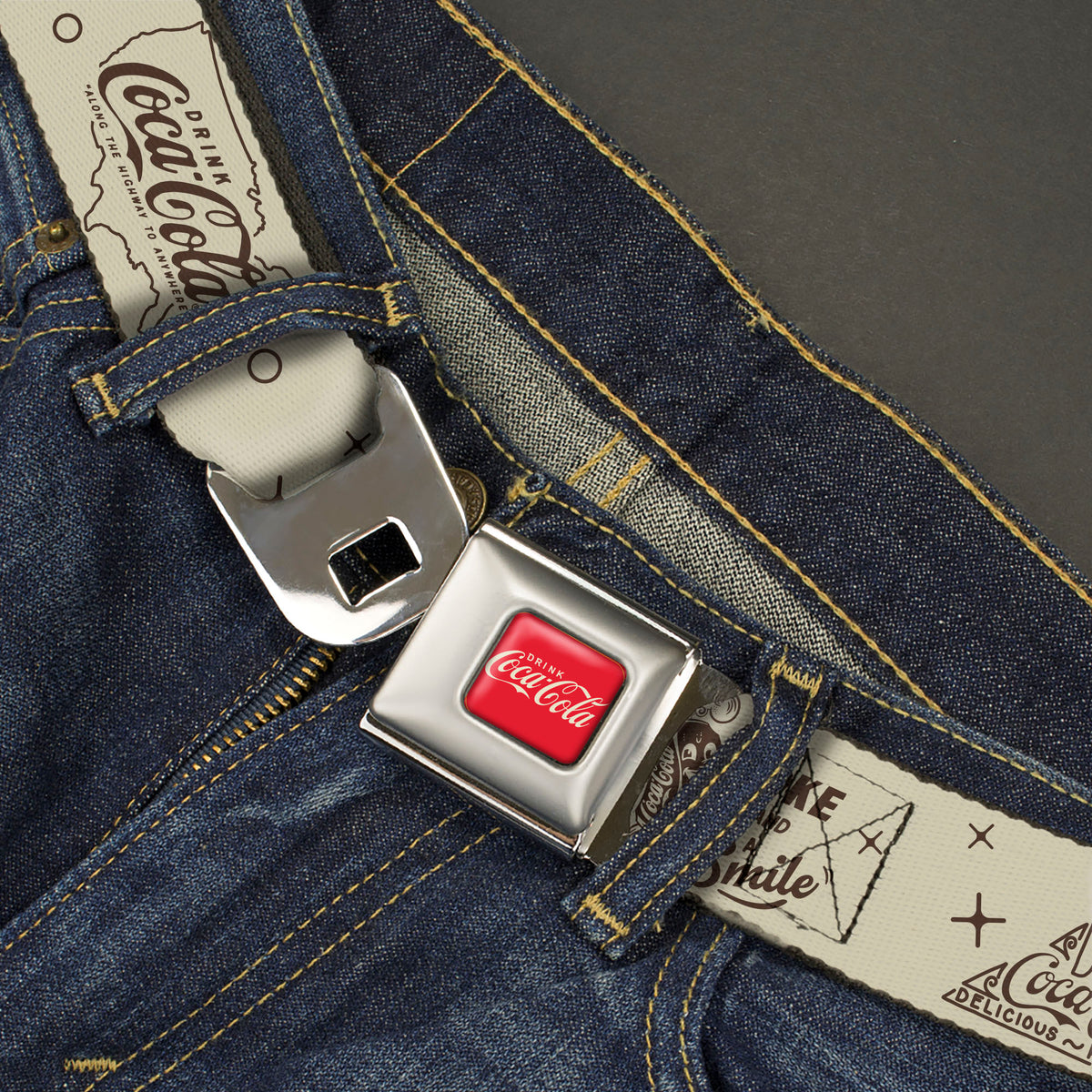DRINK COCA-COLA Logo Full Color Red/White Seatbelt Belt - Vintage Coca-Cola Coke Icons and Ad Logos White/Brown Webbing Seatbelt Belts Coca-Cola