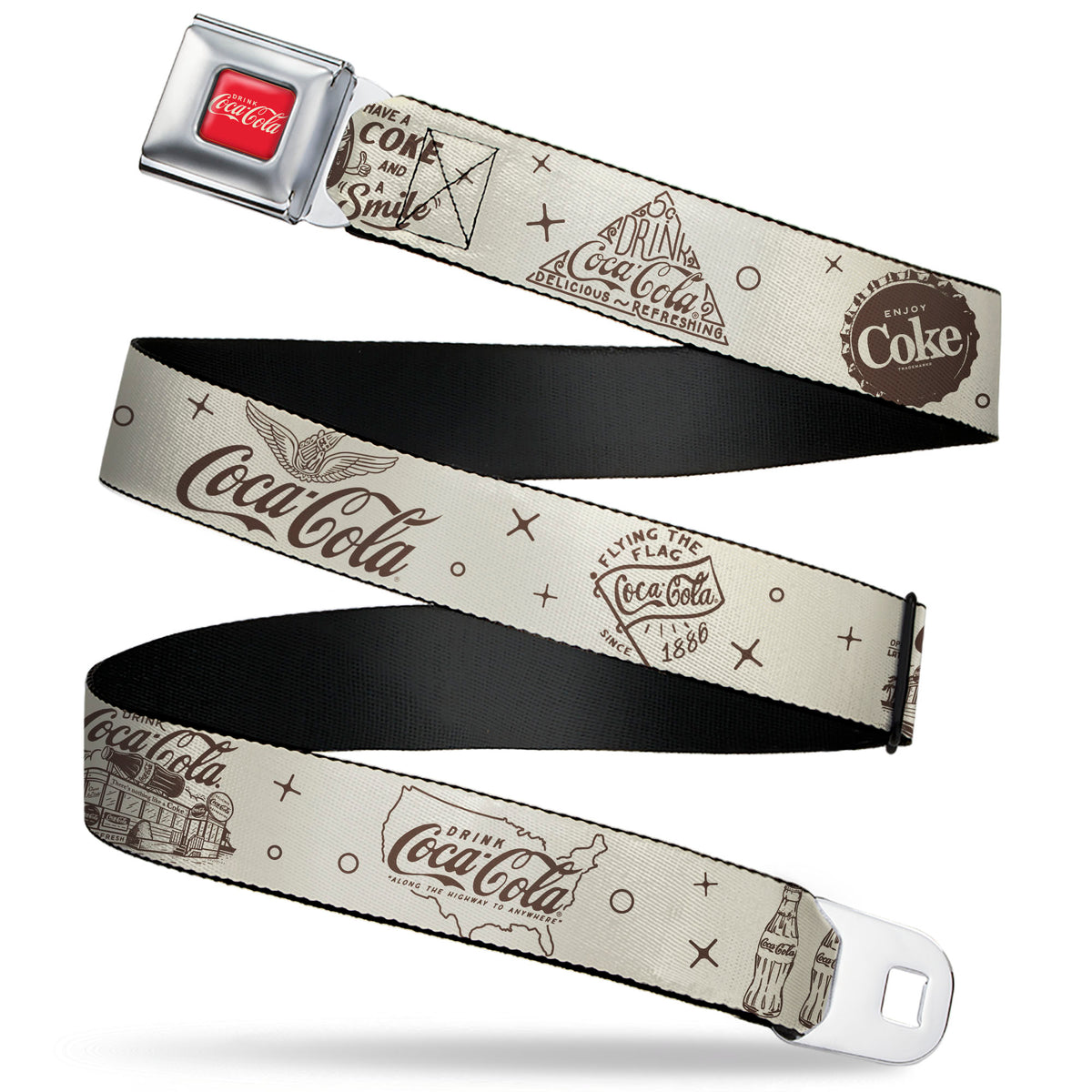DRINK COCA-COLA Logo Full Color Red/White Seatbelt Belt - Vintage Coca-Cola Coke Icons and Ad Logos White/Brown Webbing Seatbelt Belts Coca-Cola