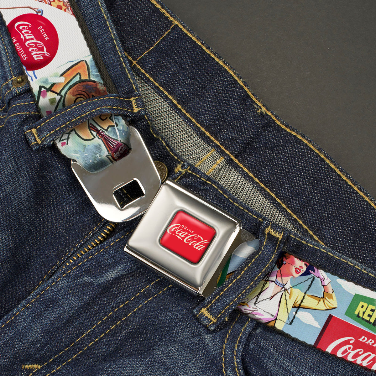 DRINK COCA-COLA Logo Full Color Red/White Seatbelt Belt - Vintage Coca-Cola GO REFRESHED Ads and Icons Collage Webbing Seatbelt Belts Coca-Cola