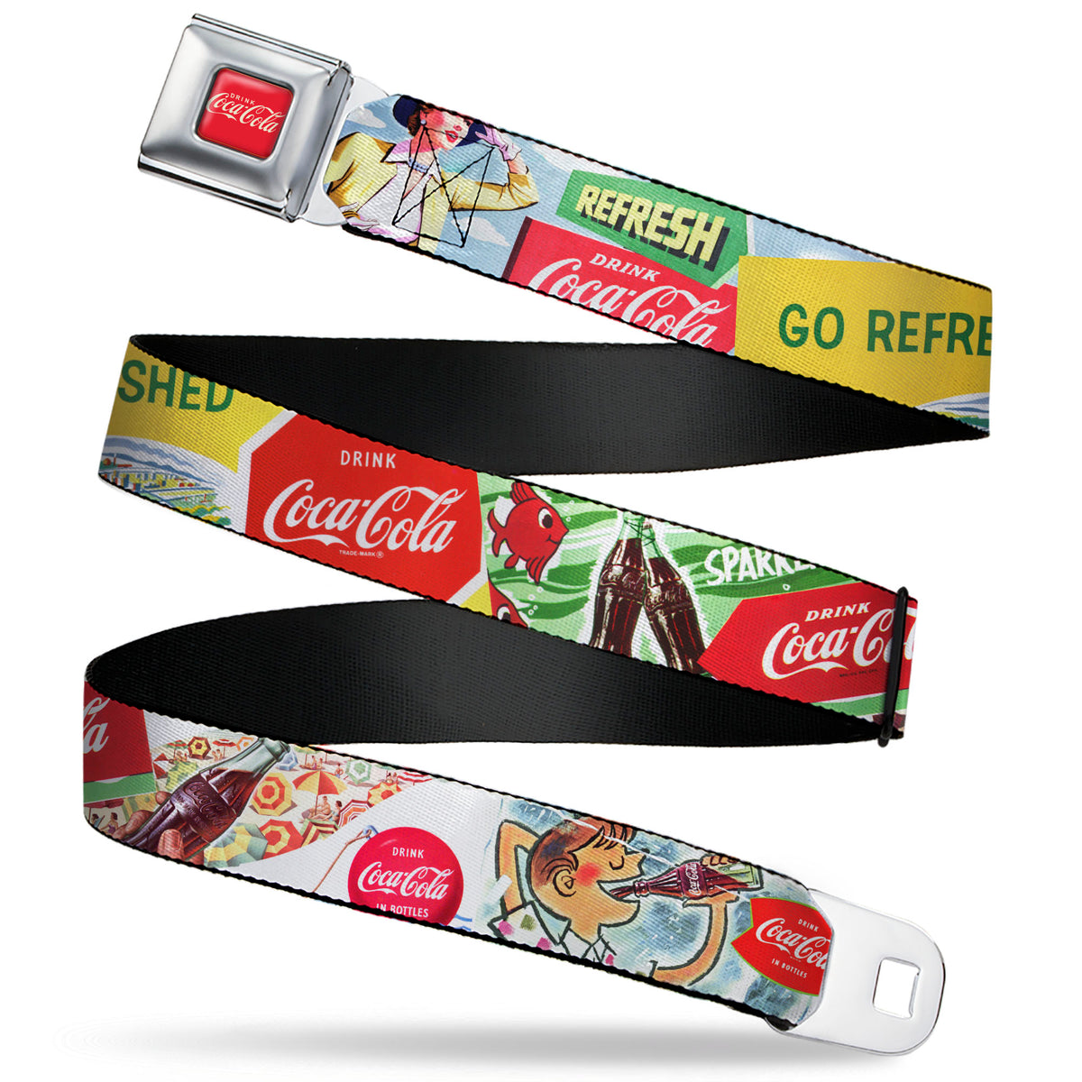 DRINK COCA-COLA Logo Full Color Red/White Seatbelt Belt - Vintage Coca-Cola GO REFRESHED Ads and Icons Collage Webbing Seatbelt Belts Coca-Cola