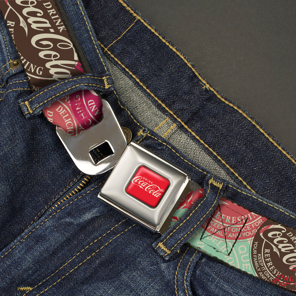 DRINK COCA-COLA Logo Full Color Red/White Seatbelt Belt - DRINK COCA-COLA Coke Patches Stacked Reds/Multi Color Webbing Seatbelt Belts Coca-Cola