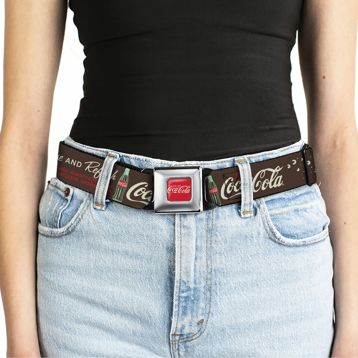 DRINK COCA-COLA Logo Full Color Red/White Seatbelt Belt - Coca-Cola PAUSE AND REFRESH Typography and Bottle Brown/Red/White Webbing Seatbelt Belts Coca-Cola
