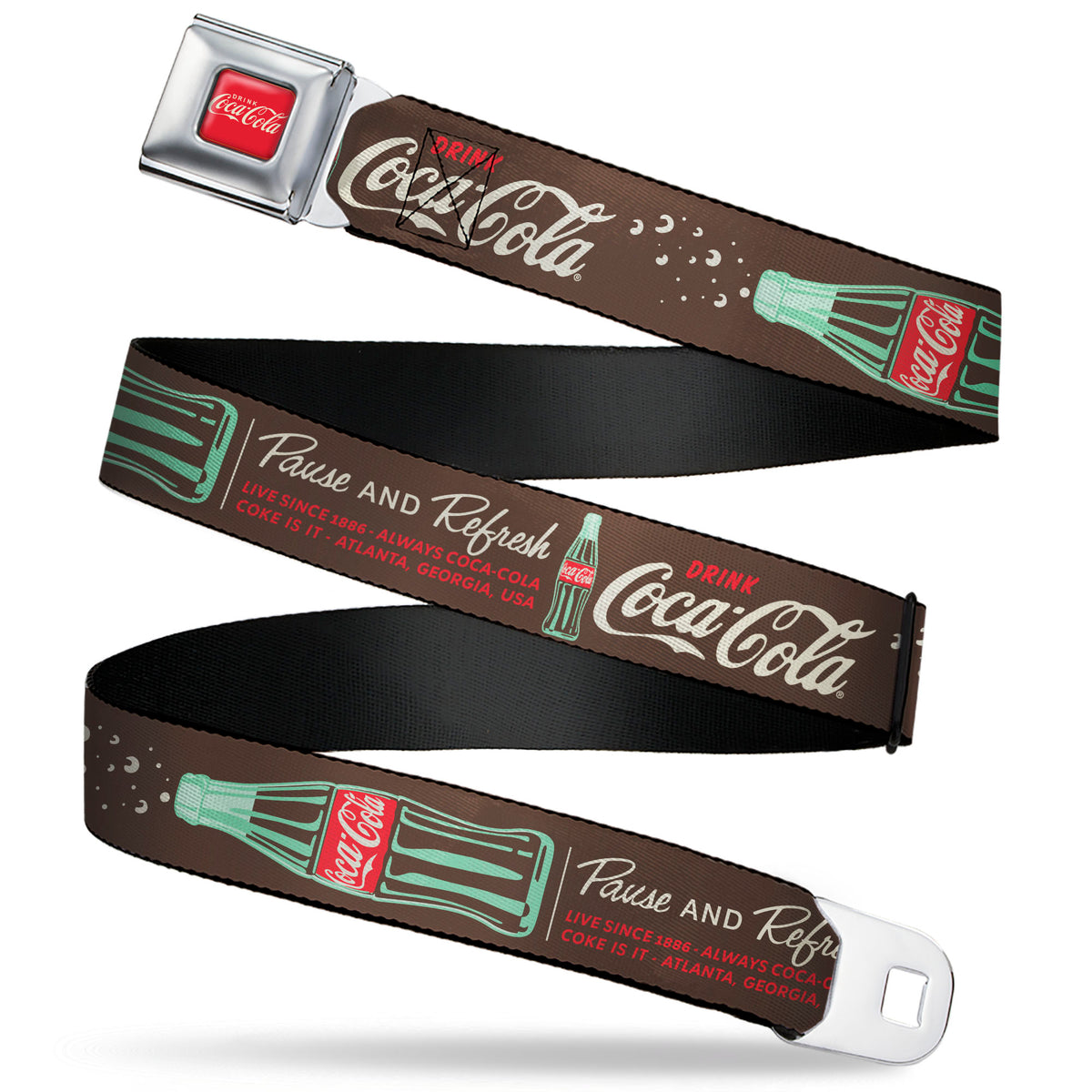 DRINK COCA-COLA Logo Full Color Red/White Seatbelt Belt - Coca-Cola PAUSE AND REFRESH Typography and Bottle Brown/Red/White Webbing Seatbelt Belts Coca-Cola