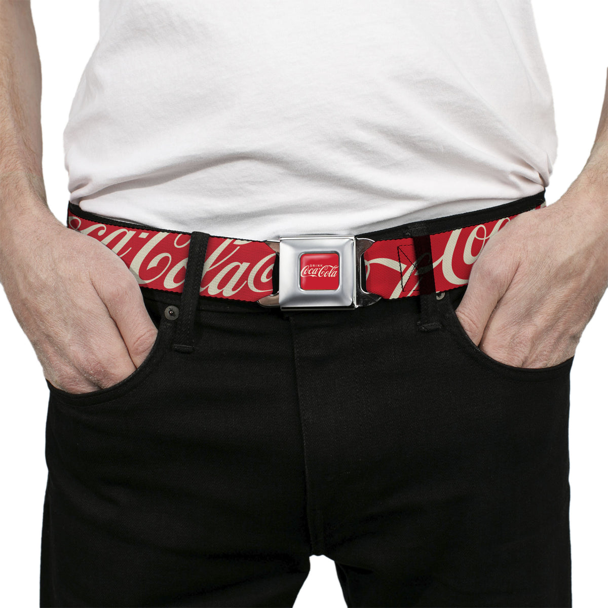 Coca-Cola Seatbelt Belt – Officially Licensed Red & White Logo Buckle Belt by Buckle-Down Seatbelt Belts Coca-Cola