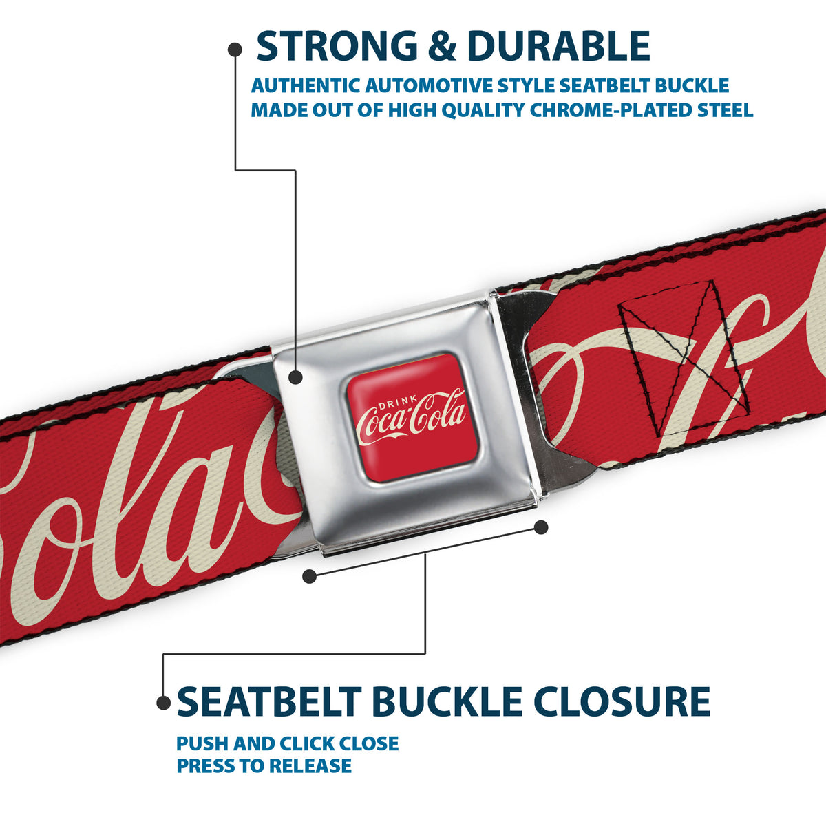 Coca-Cola Seatbelt Belt – Officially Licensed Red & White Logo Buckle Belt by Buckle-Down Seatbelt Belts Coca-Cola