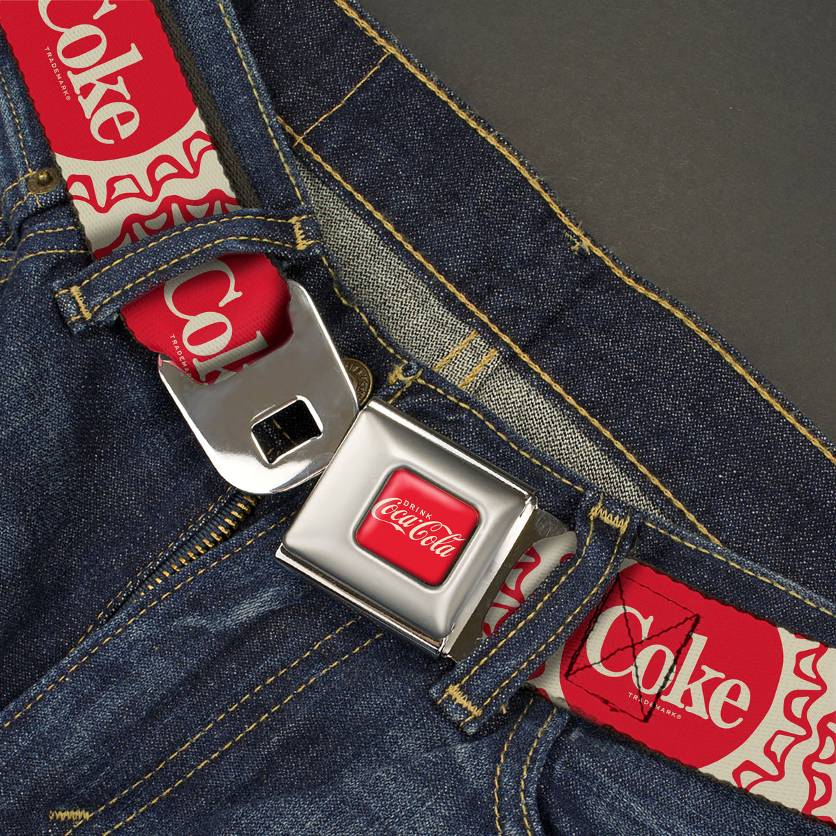 DRINK COCA-COLA Logo Full Color Red/White Seatbelt Belt - Vintage COKE Bottle Caps White/Red Webbing Seatbelt Belts Coca-Cola