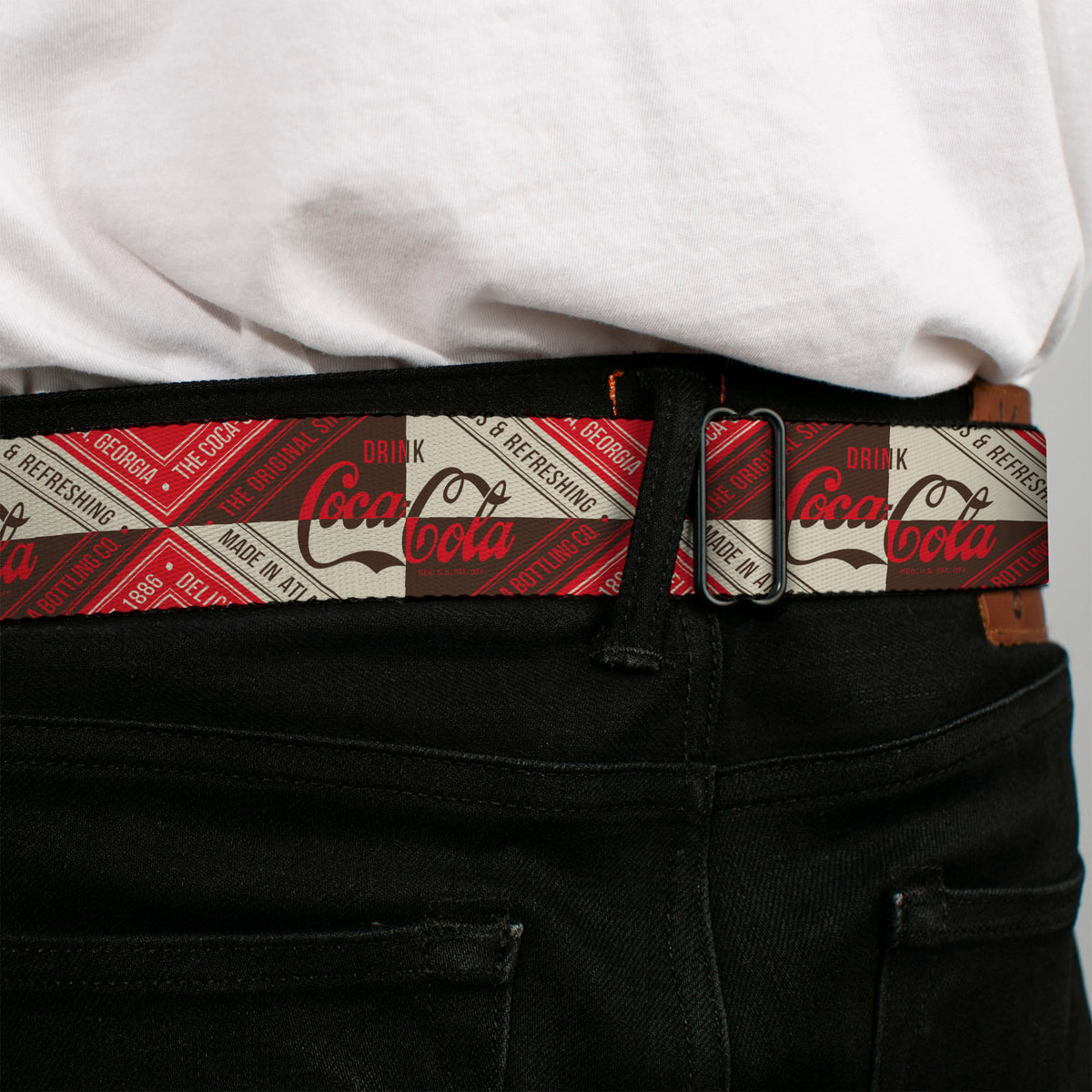 DRINK COCA-COLA Logo Full Color Red/White Seatbelt Belt - DRINK COCA-COLA Coke Diamond Blocks Red/Brown/Beige Webbing Seatbelt Belts Coca-Cola