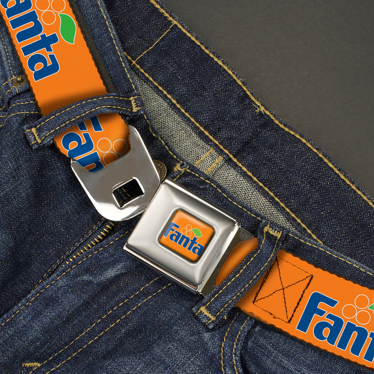 Vintage Orange FANTA Logo Full Color Orange/Blue Seatbelt Belt - Vintage Orange FANTA Logo Orange/Blue Webbing Seatbelt Belts Coca-Cola