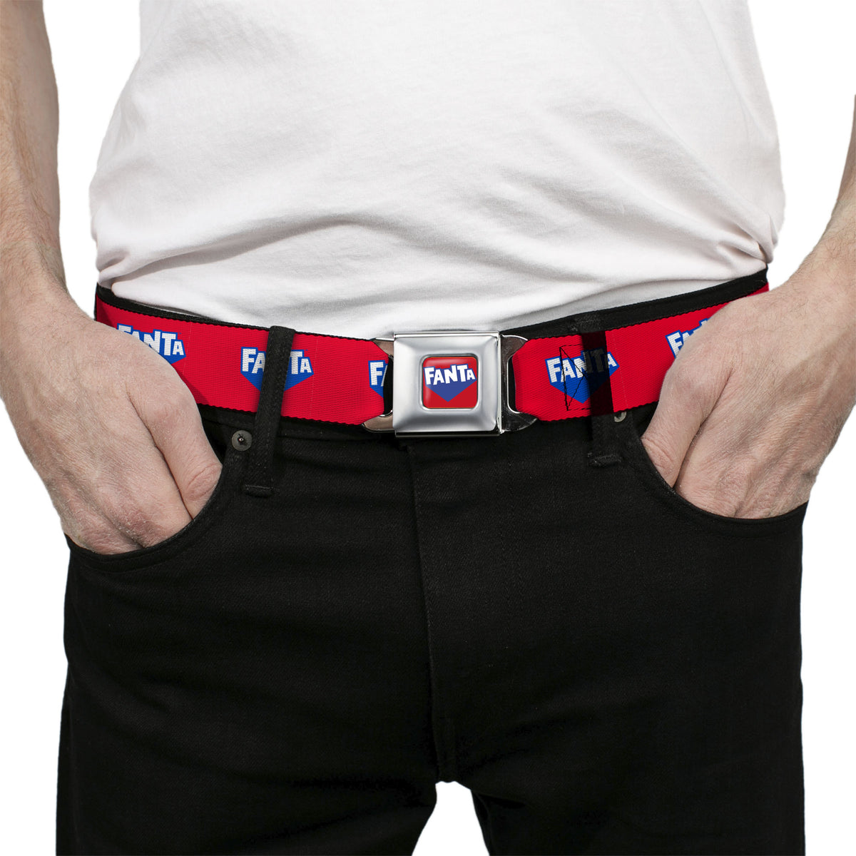 FANTA Logo Full Color Strawberry Red/Blue/White Seatbelt Belt - FANTA Logo Strawberry Red/Blue/White Webbing Seatbelt Belts Coca-Cola