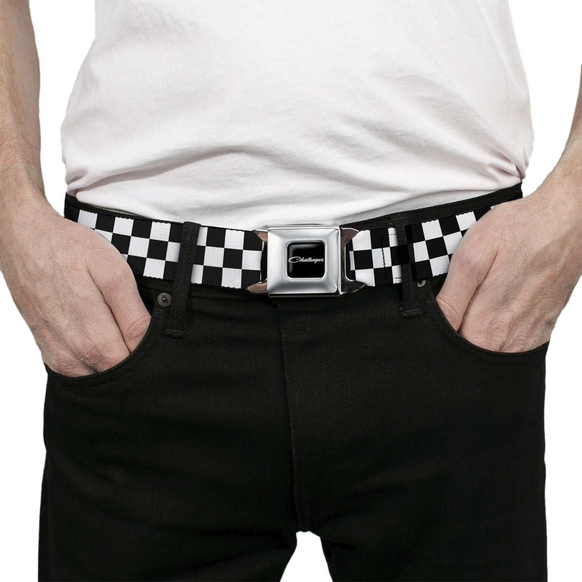 CHALLENGER Script Seatbelt Belt - Checker Black/White Webbing Seatbelt Belts Dodge