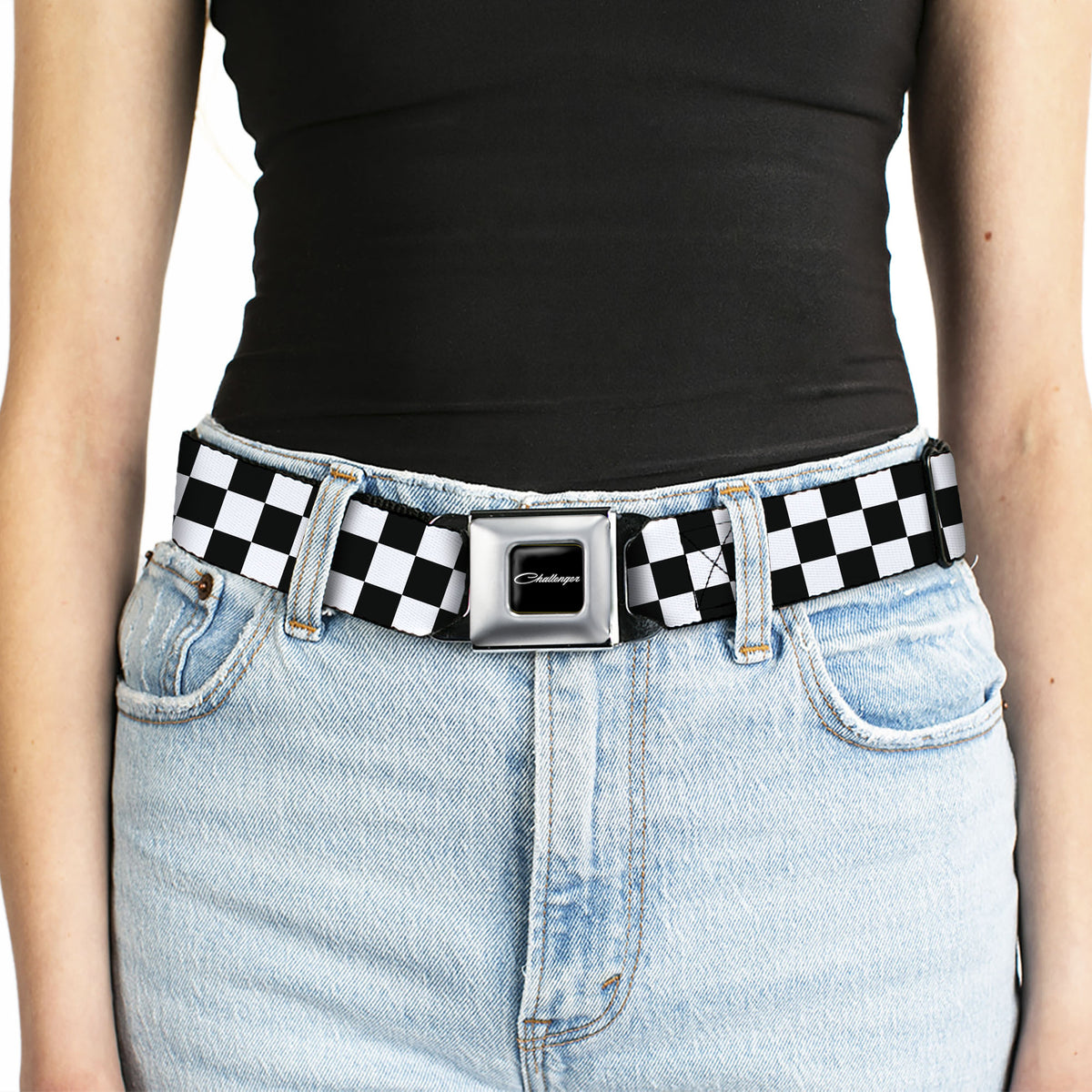 CHALLENGER Script Seatbelt Belt - Checker Black/White Webbing Seatbelt Belts Dodge