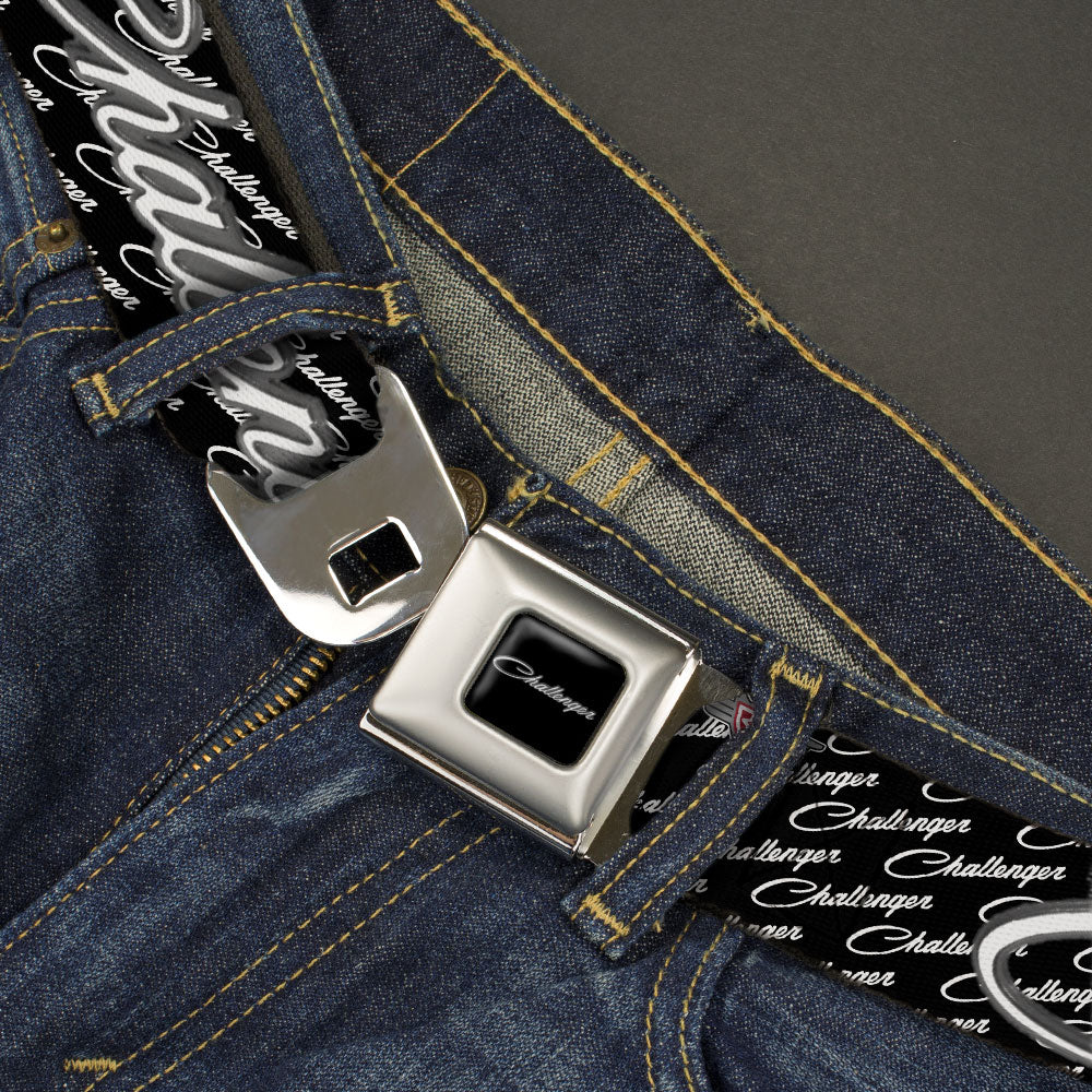 CHALLENGER Script Seatbelt Belt - CHALLENGER Repeat w/Text Black/White Webbing Seatbelt Belts Dodge