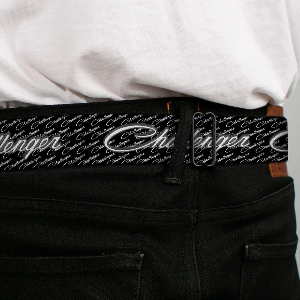 CHALLENGER Script Seatbelt Belt - CHALLENGER Repeat w/Text Black/White Webbing Seatbelt Belts Dodge