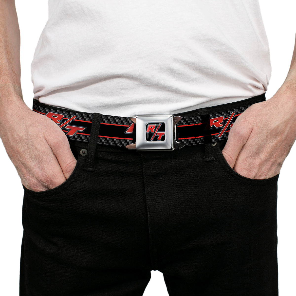 Dodge Challenger R T Emblem Full Color Black White Red Seatbelt Belt - Dodge Challenger R/T Emblem/Carbon Fiber Stripe Grays/Black/Red Webbing Seatbelt Belts Dodge