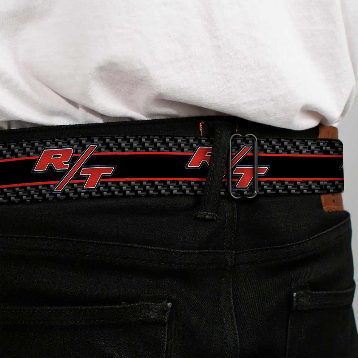 Dodge Challenger R T Emblem Full Color Black White Red Seatbelt Belt - Dodge Challenger R/T Emblem/Carbon Fiber Stripe Grays/Black/Red Webbing Seatbelt Belts Dodge