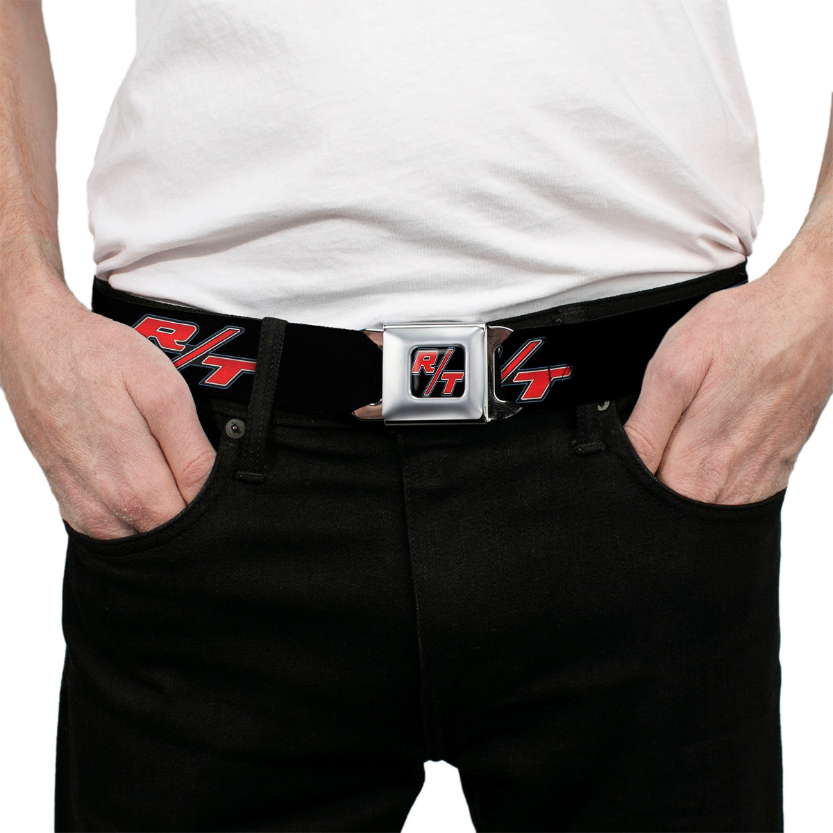 Dodge Challenger R T Emblem Full Color Black White Red Seatbelt Belt - Dodge Challenger R/T Emblem Repeat Black/Blue/White/Red Webbing Seatbelt Belts Dodge