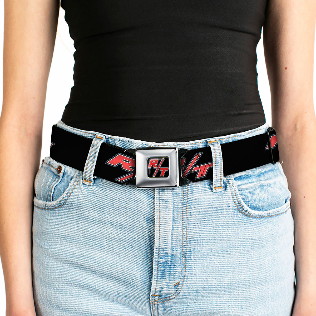 Dodge Challenger R T Emblem Full Color Black White Red Seatbelt Belt - Dodge Challenger R/T Emblem Repeat Black/Blue/White/Red Webbing Seatbelt Belts Dodge