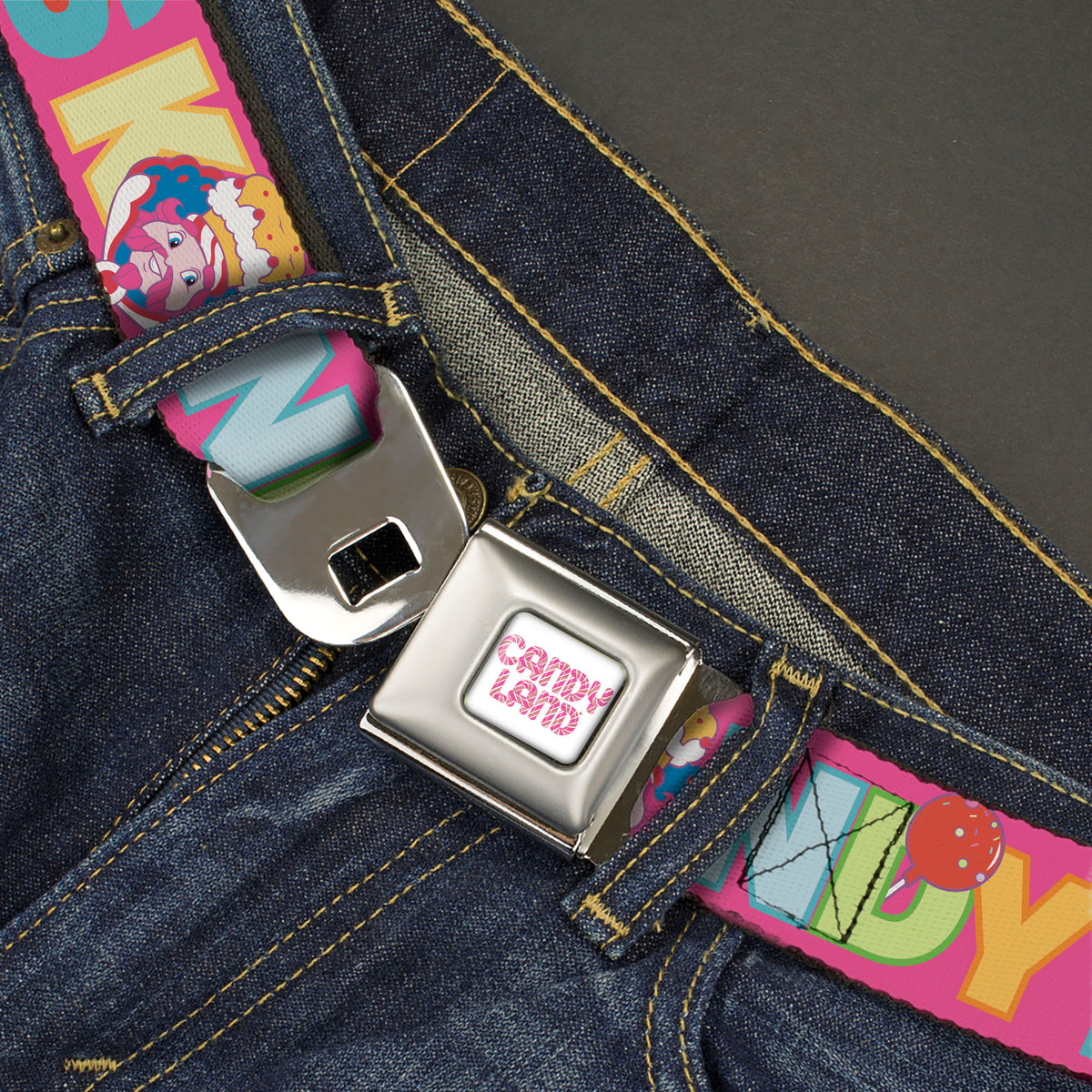 CANDY LAND Game Logo White/Pink Seatbelt Belt - Candy Land KANDY RULES King Kandy Face Red/Multi Color Webbing Seatbelt Belts Hasbro