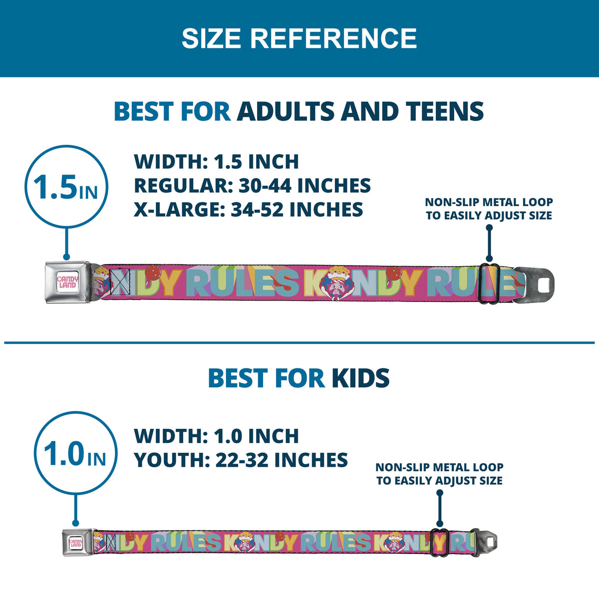 CANDY LAND Game Logo White/Pink Seatbelt Belt - Candy Land KANDY RULES King Kandy Face Red/Multi Color Webbing Seatbelt Belts Hasbro