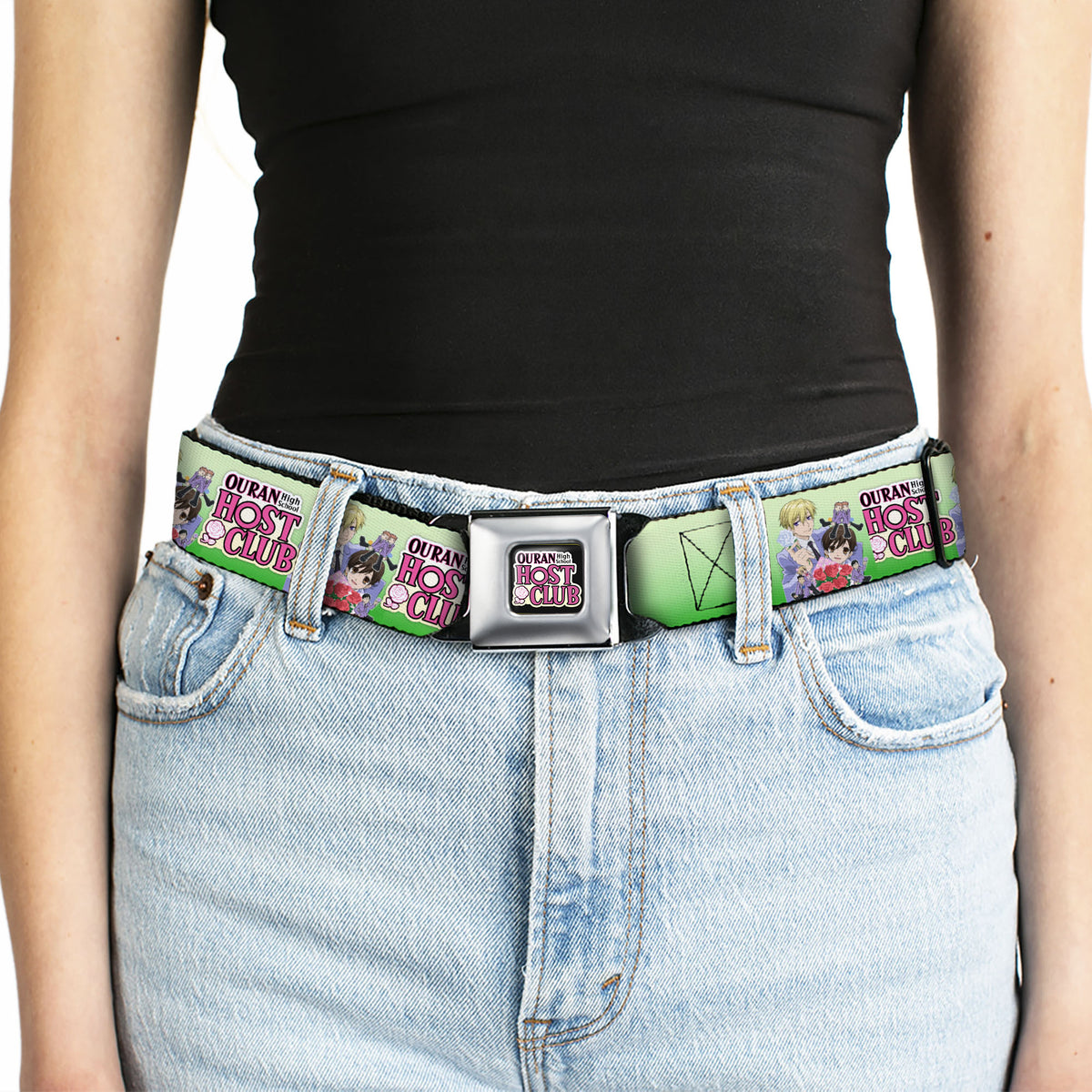 OURAN HIGH SCHOOL HOST CLUB Title Logo Full Color Black Seatbelt Belt - OURAN HIGH SCHOOL HOST CLUB Haruhi and Friends Group Pose and Title Logo Greens Webbing Seatbelt Belts Ouran High School Host Club