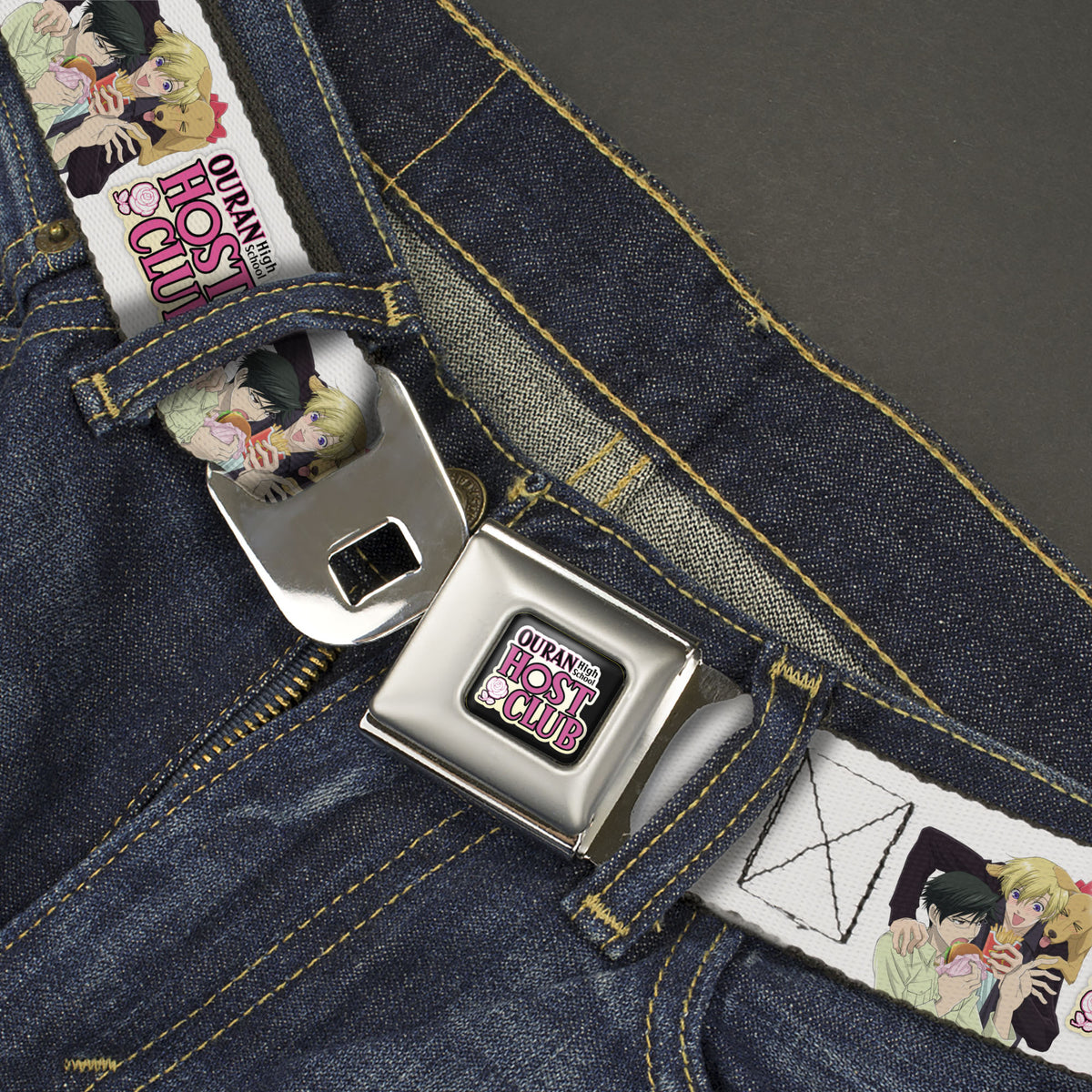 OURAN HIGH SCHOOL HOST CLUB Title Logo Full Color Black Seatbelt Belt - OURAN HIGH SCHOOL HOST CLUB Kyoya Haruhi and Antoinette Pose and Title Logo White Webbing Seatbelt Belts Ouran High School Host Club