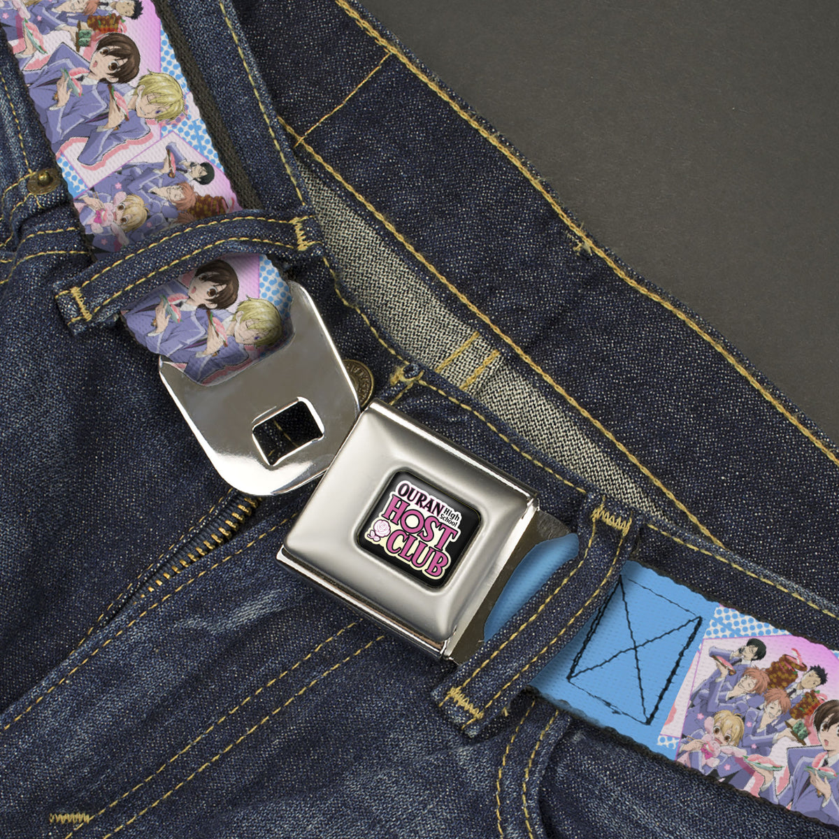 OURAN HIGH SCHOOL HOST CLUB Title Logo Full Color Black Seatbelt Belt - Ouran High School Host Club Seven Character Sushi Dining Pose Pink/Blue Webbing Seatbelt Belts Ouran High School Host Club