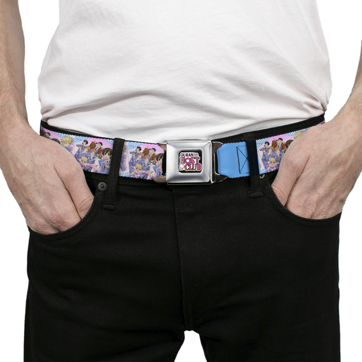 OURAN HIGH SCHOOL HOST CLUB Title Logo Full Color Black Seatbelt Belt - Ouran High School Host Club Seven Character Sushi Dining Pose Pink/Blue Webbing Seatbelt Belts Ouran High School Host Club