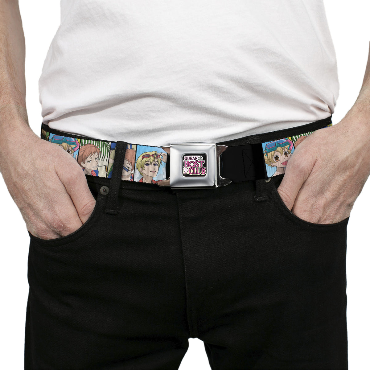 OURAN HIGH SCHOOL HOST CLUB Title Logo Full Color Black Seatbelt Belt - Ouran High School Host Club Seven Character Beach Day Pose Blocks Webbing Seatbelt Belts Ouran High School Host Club
