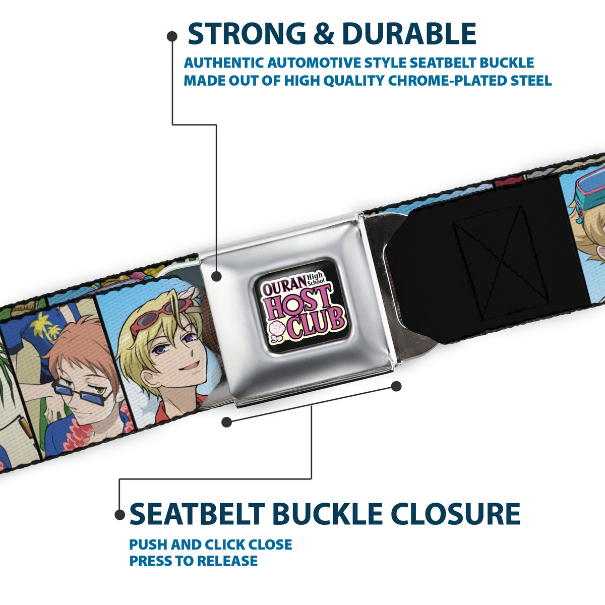 OURAN HIGH SCHOOL HOST CLUB Title Logo Full Color Black Seatbelt Belt - Ouran High School Host Club Seven Character Beach Day Pose Blocks Webbing Seatbelt Belts Ouran High School Host Club