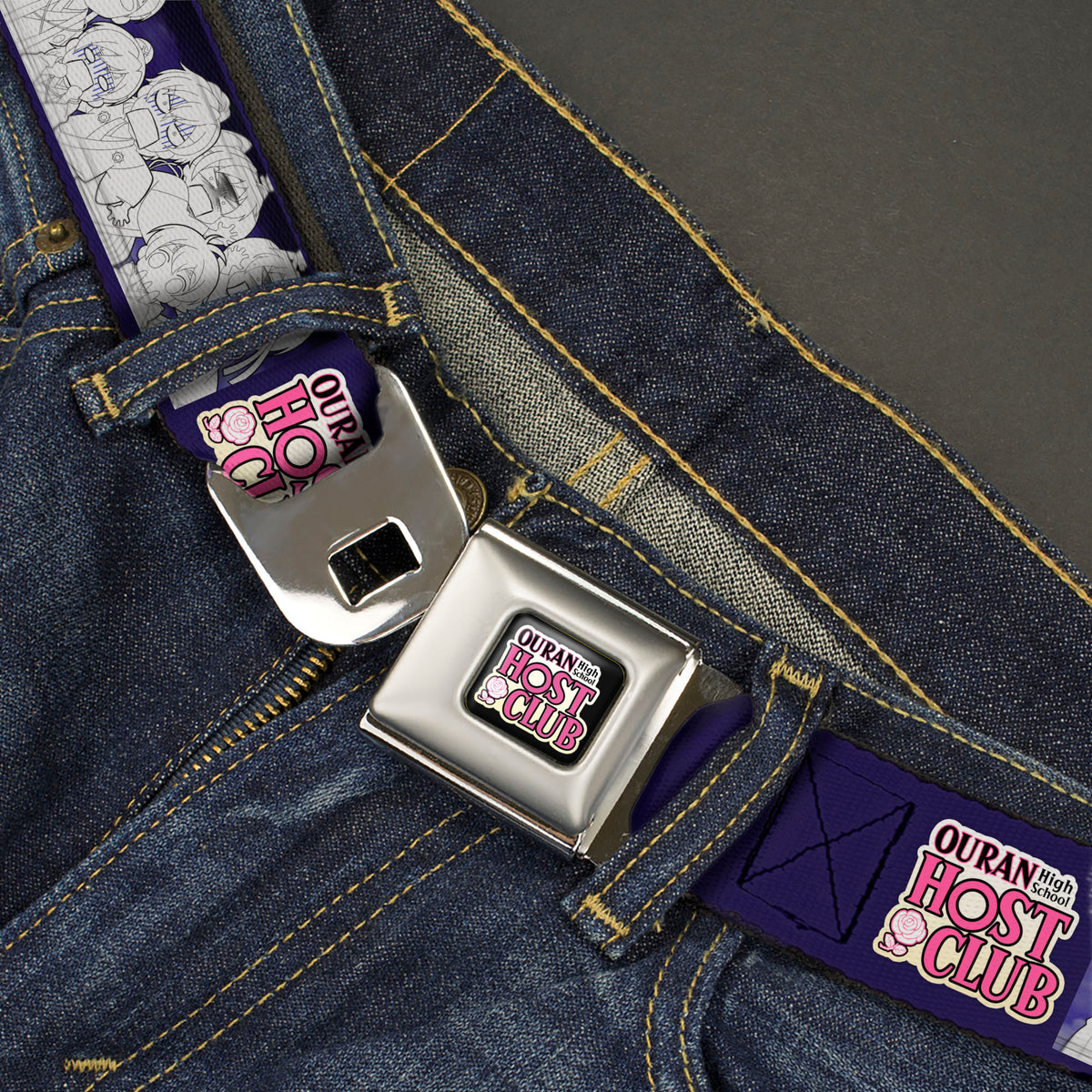 OURAN HIGH SCHOOL HOST CLUB Title Logo Full Color Black Seatbelt Belt - OURAN HIGH SCHOOL HOST CLUB Character Doodle and Title Logo Violet Webbing Seatbelt Belts Ouran High School Host Club