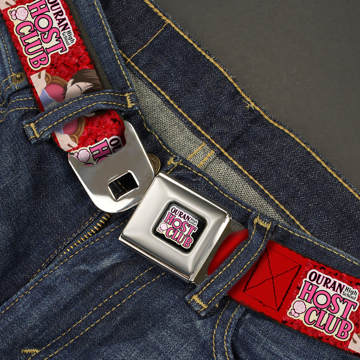 OURAN HIGH SCHOOL HOST CLUB Title Logo Full Color Black Seatbelt Belt - OURAN HIGH SCHOOL HOST CLUB Haruhi Smiling Pose with Roses and Title Logo Reds Webbing Seatbelt Belts Ouran High School Host Club