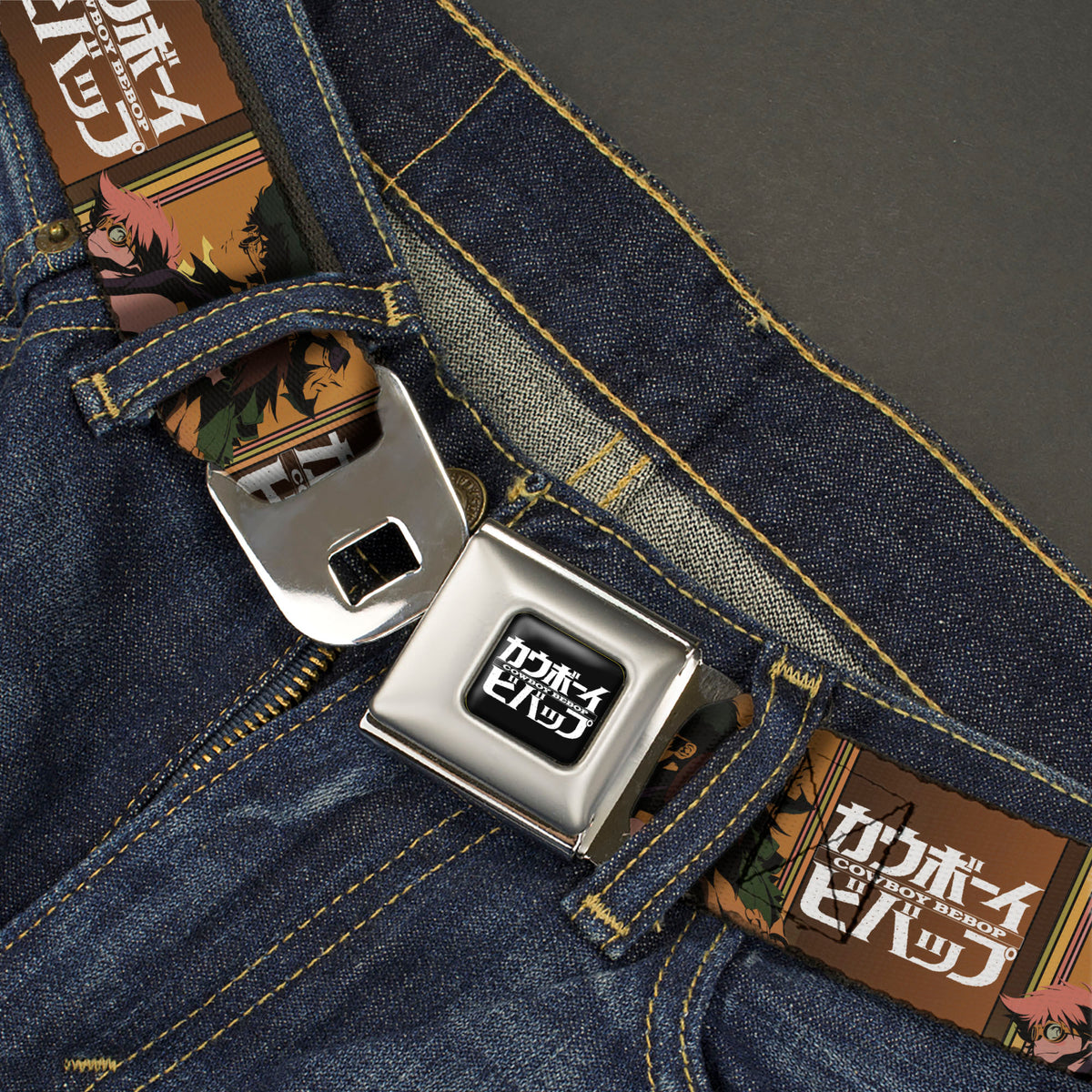 COWBOY BEBOP Title Logo Full Color Black/White Seatbelt Belt - COWBOY BEBOP Crew Group Pose and Title Logo Blocks Webbing Seatbelt Belts Cowboy Bebop