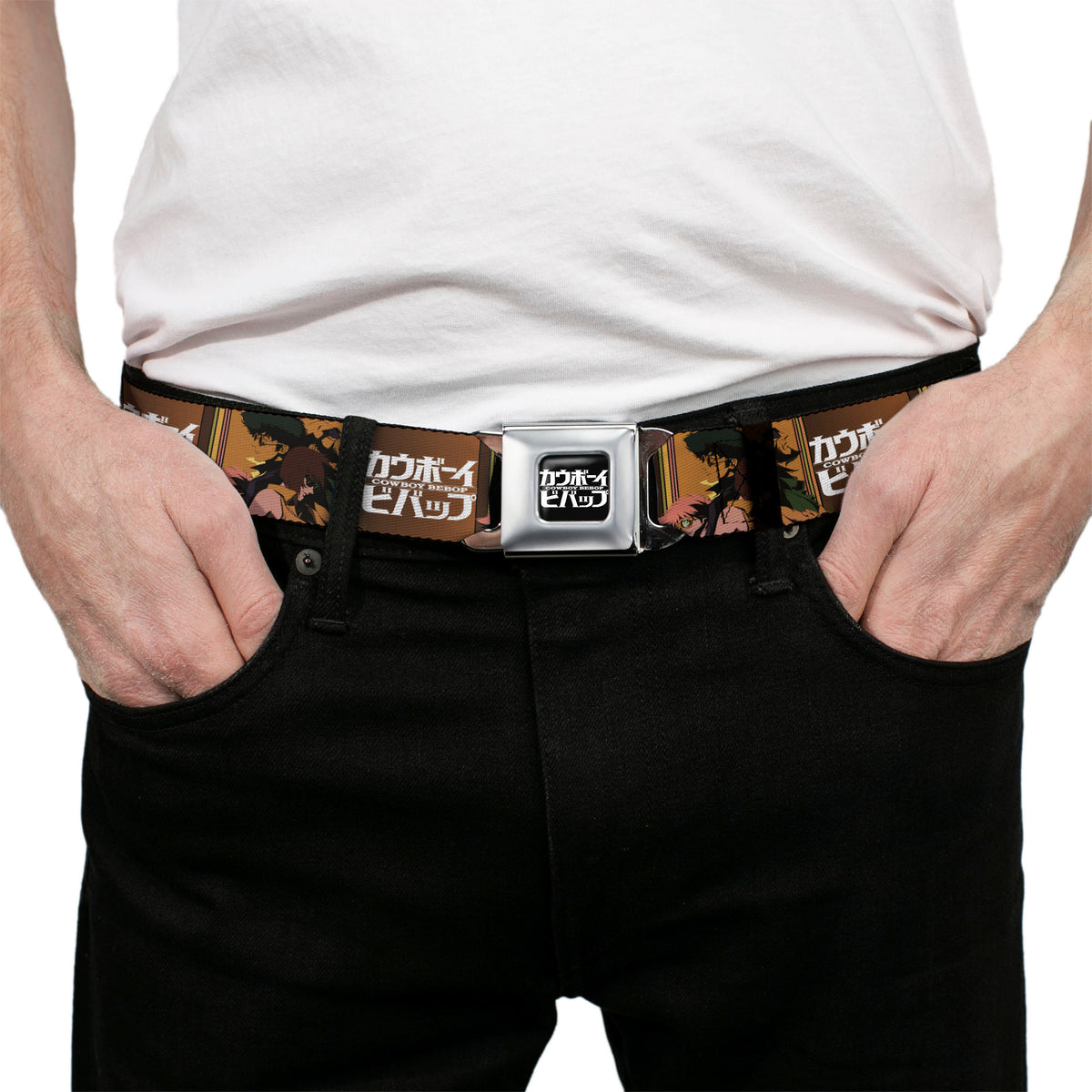 COWBOY BEBOP Title Logo Full Color Black/White Seatbelt Belt - COWBOY BEBOP Crew Group Pose and Title Logo Blocks Webbing Seatbelt Belts Cowboy Bebop
