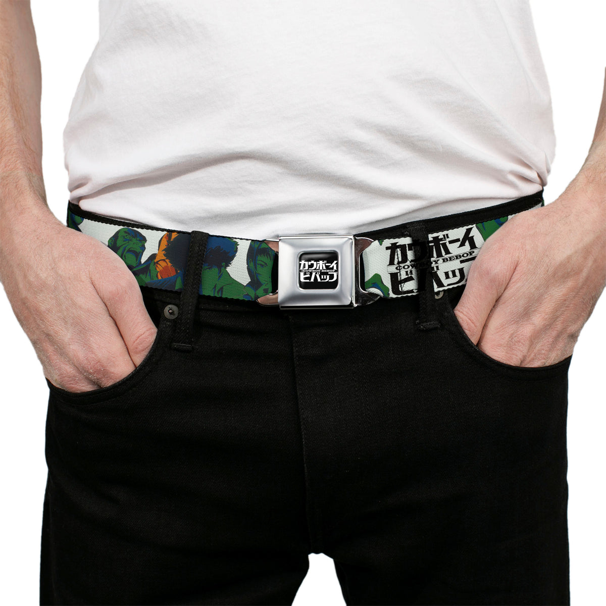 COWBOY BEBOP Title Logo Full Color Black/White Seatbelt Belt - COWBOY BEBOP Crew Group Pose and Title Logo White/Black/Greens Webbing Seatbelt Belts Cowboy Bebop