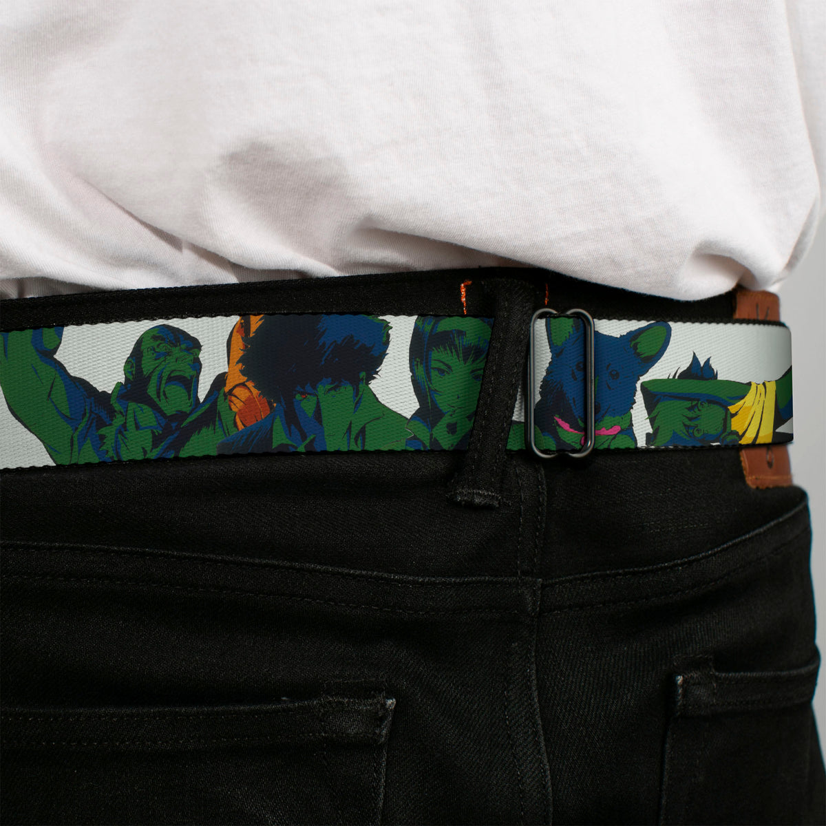 COWBOY BEBOP Title Logo Full Color Black/White Seatbelt Belt - COWBOY BEBOP Crew Group Pose and Title Logo White/Black/Greens Webbing Seatbelt Belts Cowboy Bebop