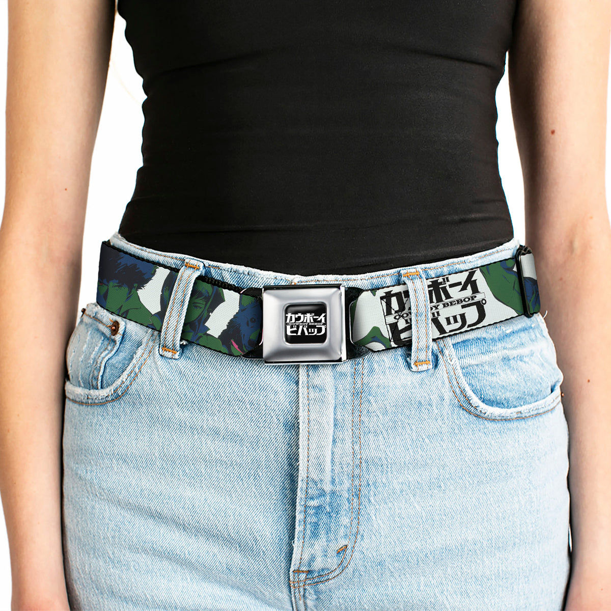 COWBOY BEBOP Title Logo Full Color Black/White Seatbelt Belt - COWBOY BEBOP Crew Group Pose and Title Logo White/Black/Greens Webbing Seatbelt Belts Cowboy Bebop